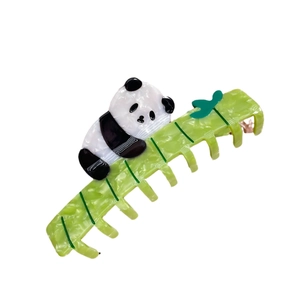 Cute panda hair claw clip with green bamboo design made of premium cellulose acetate
