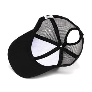 Black mesh ponytail baseball cap with breathable truck design and rear hair opening