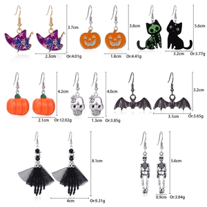 Detailed view of Halloween earrings showing dimensions for skull, cat, and pumpkin designs