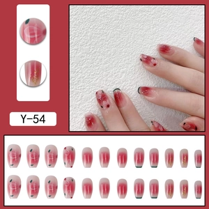 Watermelon ombre press-on nails with glitter gold foil and trapezoid nail tips set