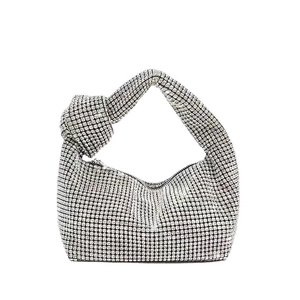 Sparkly silver rhinestone hobo bag with unique knotted handle for elegant evening parties