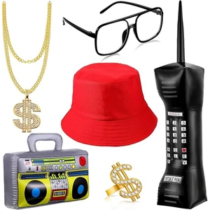 90s hip hop party set with red bucket hat, gold dollar chain, ring, glasses and props