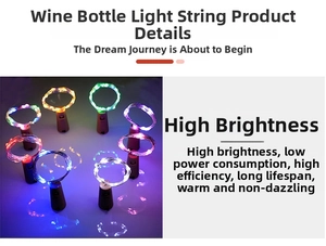 Close-up of flexible copper wire LED string lights with warm glowing bottle cork battery pack