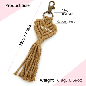 Handmade woven cotton heart keychain with tassel and alloy clasp, size 18cm length