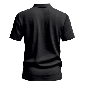 Rear view of black short-sleeve polo shirt showcasing breathable linen texture and finish