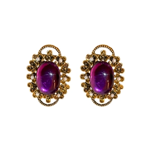 French vintage purple oval pearl clip earrings with elegant gold floral metal frames