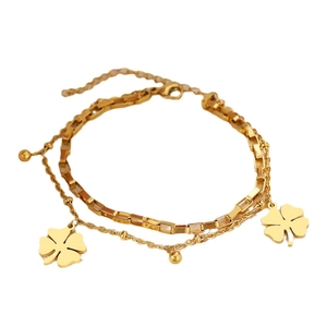 Gold double-layer titanium steel bracelet with four-leaf clover pendant and beads