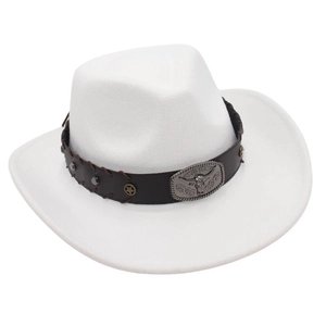 Close-up of white cowboy hat with vintage faux leather band and silver bull head badge