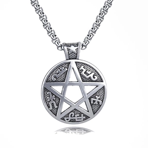 Collier pour homme en acier inoxydable avec pendentif pentagramme et signes mystiques