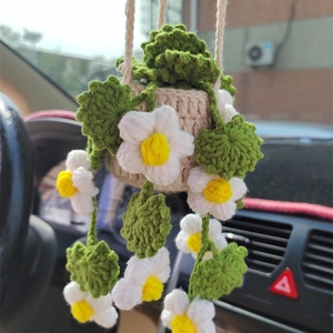 Panier de fleurs tricoté à la main pour rétroviseur de voiture, décor beige et vert