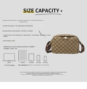 Detailed size chart for oxford crossbody bag showing dimensions and item capacity comparison