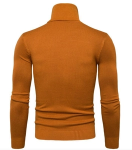 Detail view of mustard yellow slim fit turtleneck sweater with fine knitted texture back