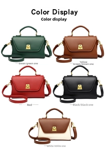 Detailed view of square messenger bags in multiple colors with golden lock closure