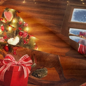 Close-up of soft Christmas tapestry fabric showing festive tree and holiday gift prints