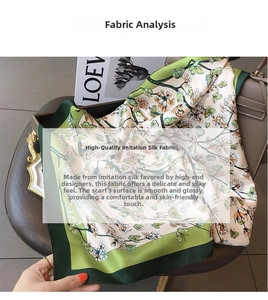 Detail view of the green imitation silk scarf with elegant butterfly and floral patterns