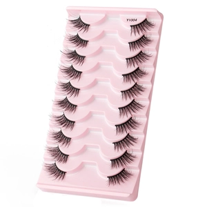 Detailed macro view of 10 pairs of black false eyelashes on a pink tray, model Y1004