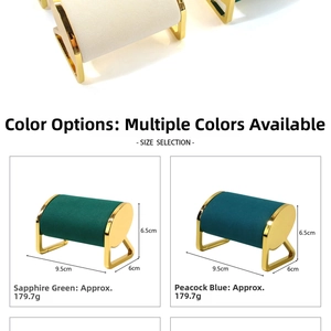 Detail of velvet jewelry stand for watches and bracelets with golden metal frame