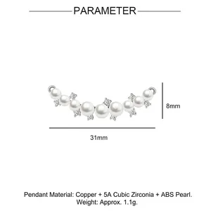 Detailed technical drawing of curved pendant with 5A CZ stones and ABS pearls, 31mm x 8mm