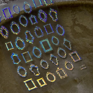 Holographic laser vintage frame nail art stickers with rainbow metallic finish, model tz-057