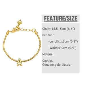 Detailed product dimensions for gold-plated letter A pendant and snake chain bracelet