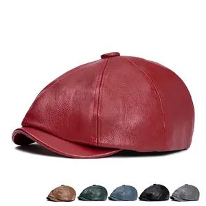 Classic red leather newsboy cap for men and women featuring various vintage color options