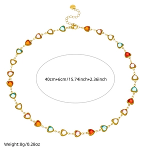 Golden stainless steel necklace featuring colorful candy-colored heart cut crystal pendants