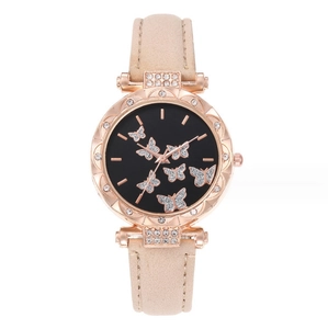 Fashion women's quartz watch with butterfly pattern black dial and beige leather strap