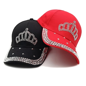 Women's baseball cap with rhinestone crown and rivets in red and black cotton canvas