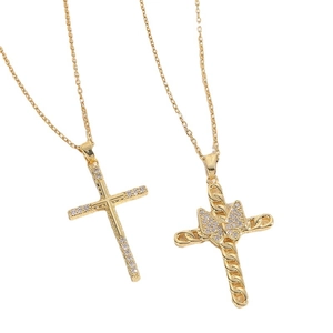 Elegant 14K gold plated cross pendant necklace with zircon butterfly and twisted design
