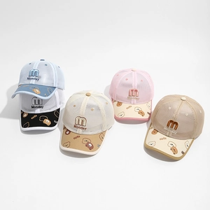 Kids summer mesh sun caps with bear print and Monday embroidery in various colors