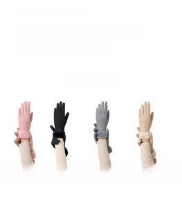 Detail view of winter gloves with faux fur cuffs in pink, black, gray, and khaki colors
