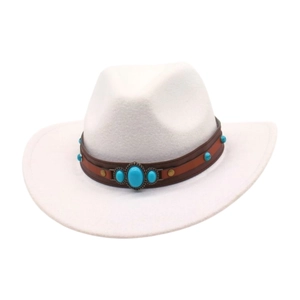 Classic white felt western cowboy hat with brown leather band and turquoise stone accent