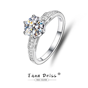 Detailed macro view of S925 sterling silver ring with 6-prong moissanite stone