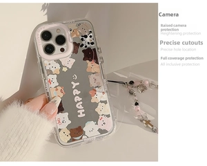 Detail of iPhone case with cartoon cat pattern and pink raised camera protective frame