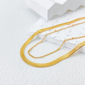 Double-layered 18K gold plated herringbone snake chain and bead necklace for women