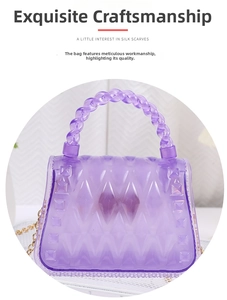 Close-up of purple PVC jelly bag with leaf pattern texture and braided handle detail