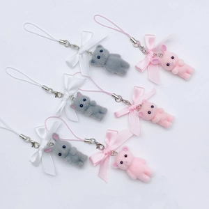 Cute Flocked Animal Keychain With Ribbon Bow Y2K Style Cat Rabbit Bear Bag Charm Phone Pendant Decorative Novelty