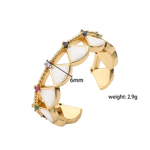 Golden double layer scallop ring with colorful zircon gems and white enamel inlays