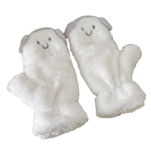 Cute white plush flip mittens with smiley face and ear design for winter warmth