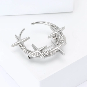 Elegant crescent moon and star alloy brooch with rhinestones for women's suit jackets