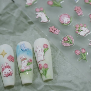 3D embossed cartoon nail stickers with cute rabbits and pink tulips for DIY manicure
