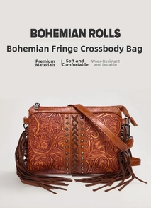 Close-up of bohemian brown leather crossbody bag with floral embossing and fringe detail