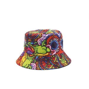 Unisex colorful tie-dye bucket hat with psychedelic graffiti print on a white background