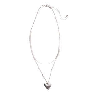 Double-layered snake chain necklace with heart pendant in silver polished finish