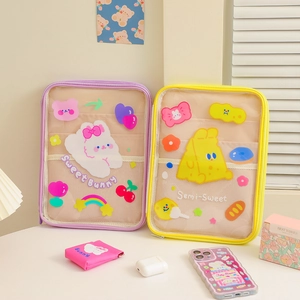 Cute cartoon clear PVC 11-inch iPad sleeve bags with purple and yellow mesh borders