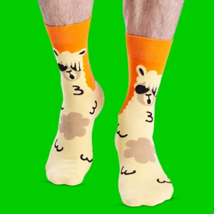 Mid-cut cotton socks with cartoon alpaca jacquard pattern in orange and beige color block
