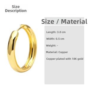 Detail view of 3.0cm gold hoop earrings with specific size measurements and 18K gold plating