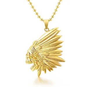 Indian Chief Skull Pendant Necklace Gold Plated 316L Stainless Steel Retro Punk Rock Jewelry For Men Ball Chain