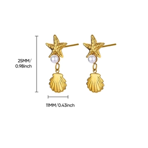 Gold ocean themed starfish shell pearl earrings with size measurements in 25mm height
