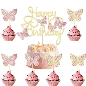 Golden glittery Happy Birthday cake topper set with purple butterfly decorations